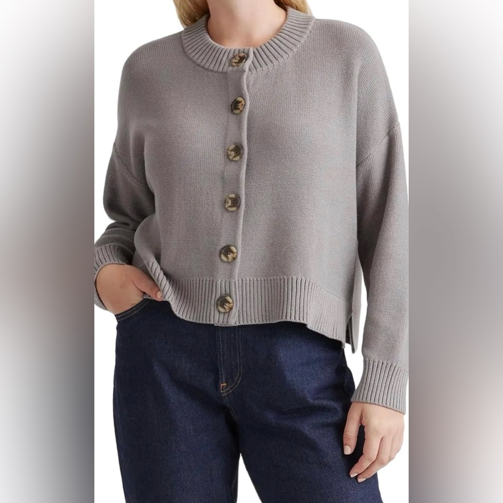 Quince Gray Cropped Button-Front Knit Cardigan